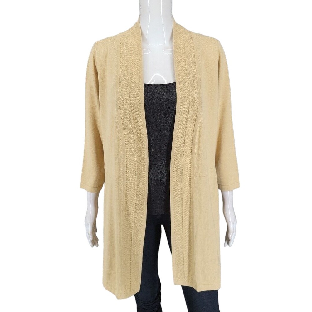 Isaac Mizrahi Live Chevron Stitch Swing Open Front Cardigan Beige Large A513841